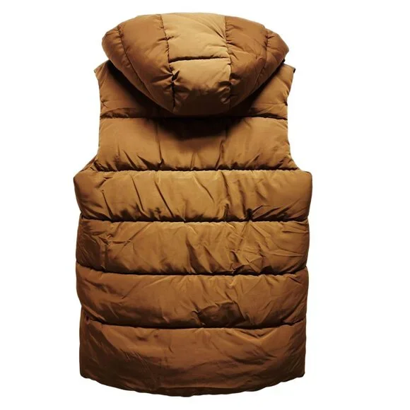 Mens Hooded Puffer Vest Jacket SZ S Brown Quilted Sleeveless Zipper Snap Front - Picture 4 of 8